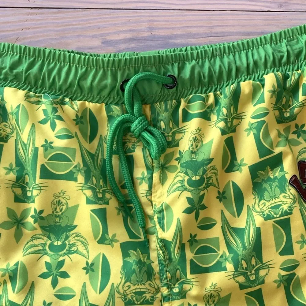 LOONEY TUNES Tiki Swim Trunks Taz Daffy Bugs Mens Neon Green Yellow NEW XL